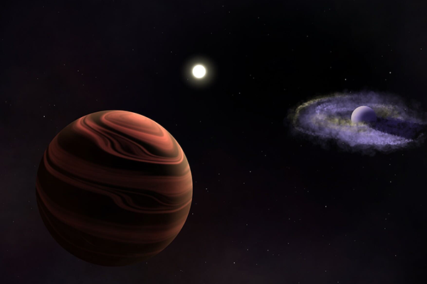 Digital illustration of a planet, a gas giant and a distant star in space