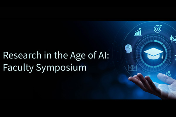 Graphic reading “Research in the Age of AI Faculty Symposium” with academic icons arranged around a graduation cap above a hand.