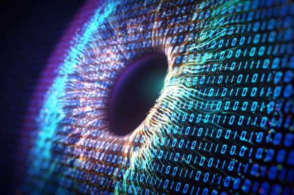 A digital illustration of a human iris reflecting lines of glowing binary code