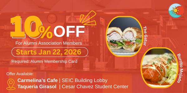 Graphic announcing 10% off for Alumni Association members at Carmelina’s Cafe and Taqueria Girasol on January 22, 2026; membership card required.