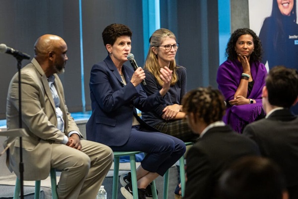 SF State President Lynn Mahoney and others answer questions at an event