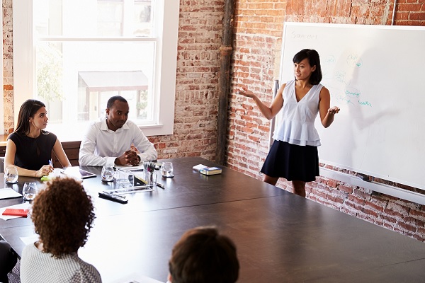 A woman makes a presentation in a meeting room
