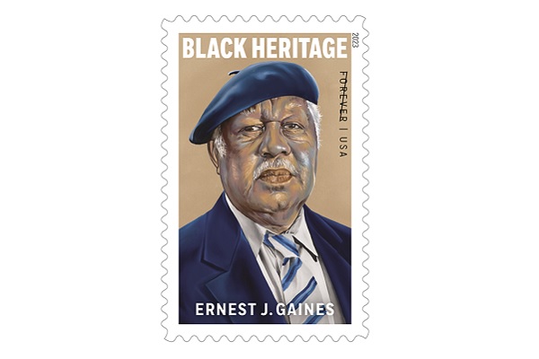 Ernest J. Gaines on a stamp with the words BLACK HERITAGE