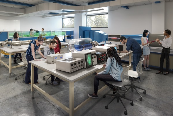 A computer rendering of people working in a lab