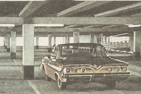A painting of a car in a garage