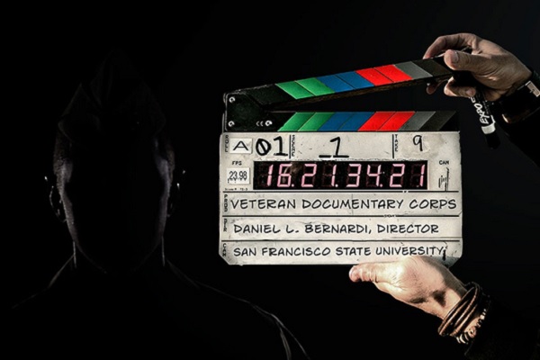 A movie production clapboard