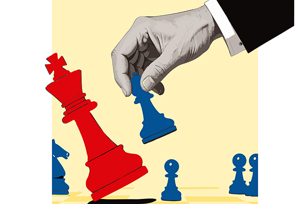 Graphic of a blue chess piece knocking off red king chess piece