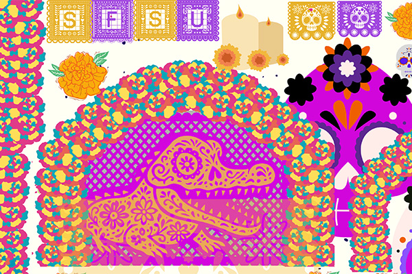 Colorful gator-shaped papel picado with marigolds, candles, and sugar skulls