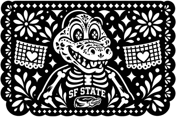 Papel picado-style graphic of Ali Gator as a skeleton wearing an SF State shirt, surrounded by floral designs and hearts.