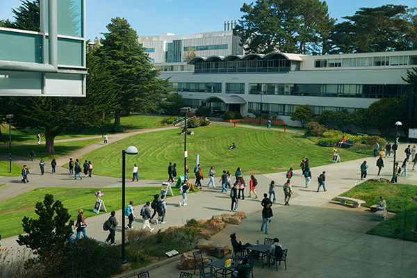 The Quad of San Francisco State University with students walking through its walking paths