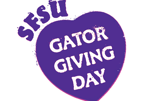 SFSU Gator Giving Day graphic showing a purple heart in front of a white background