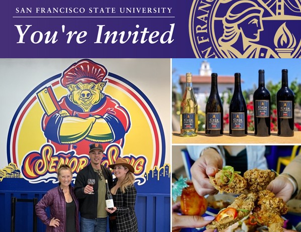 SFSU invitation to Gator Gourmet Night featuring alumni, Ceja Wine, and Señor Sisig chicken wings.