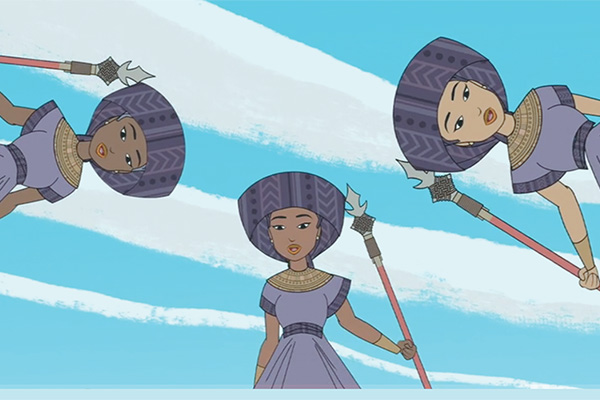 A still from the animated opera "The Magic Flute" featuring three women.