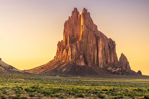 Rocky ridges jut up over a desert landscape