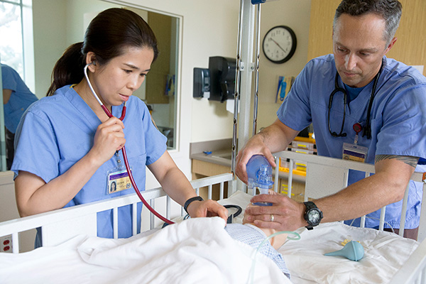 SFSU nursing students checking air circulation with stethoscope