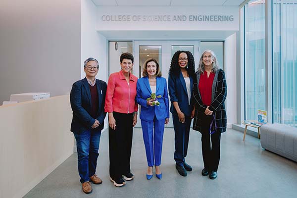 SFSU Leadership with former speaker of the House Nancy Pelosi. From left Provost Amy Sueyoshi, President Lynn Mahoney, Nancy Pelosi, Vice President of Student Affairs Brenda Rivera and Dean of College of Science and Engineering Carmen Domingo.