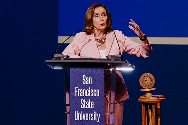 Nancy Pelosi speaking at Convocation 2023