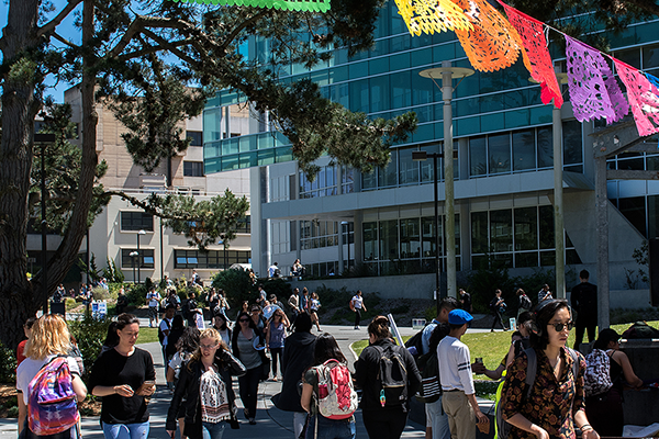 Students walk across the Quad between the J. Paul Leonard Library and Malcolm X Plaza on a sunny day