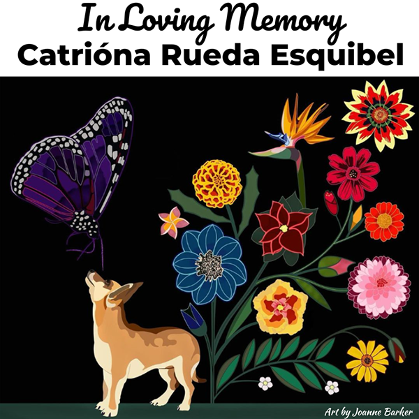 Memorial artwork of a dog, butterfly, birds of paradise, and flowers