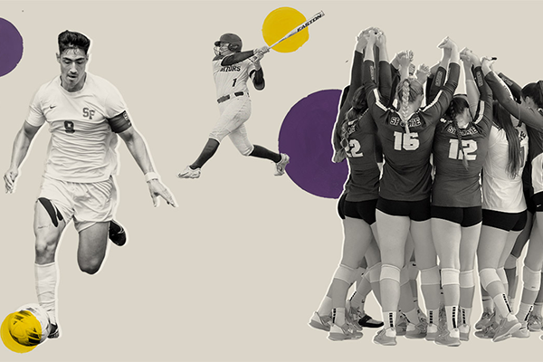 Cover image of SFSU Magazine, a soccer player to the left, softball player in the middle, and a women's volleyball team celebrating.