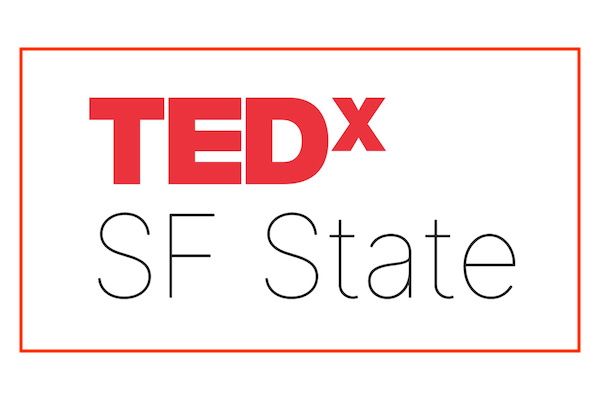 Graphic image for Tedx SF State framed within a rectangular box with a white background and red outline