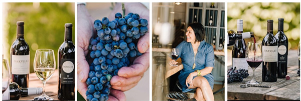 4 panels from left to right: wine bottles, grapes, woman holding glass of wine, wine bottles